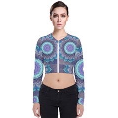 Folk Art Lotus Mandala Blue Turquoise Zip Up Bomber Jacket by EDDArt