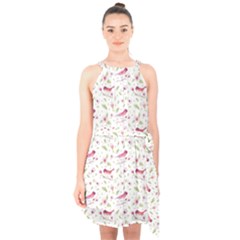 Watercolor Birds Magnolia Spring Pattern Halter Collar Waist Tie Chiffon Dress by EDDArt