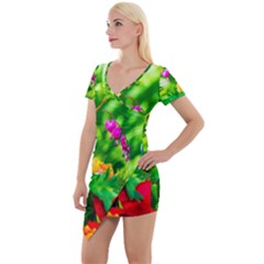 Bleeding Heart Flowers In Spring Short Sleeve Asymmetric Mini Dress by FunnyCow