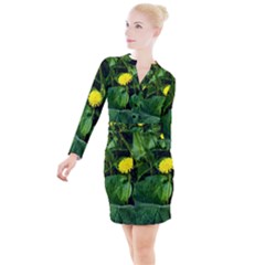 Yellow Dandelion Flowers In Spring Button Long Sleeve Dress by FunnyCow