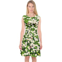 Green Field Of White Daisy Flowers Capsleeve Midi Dress by FunnyCow