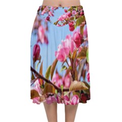 Crab Apple Blossoms Velvet Flared Midi Skirt by FunnyCow