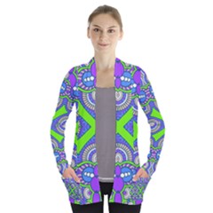 Purple Green Shapes                                  Women s Open Front Pockets Cardigan by LalyLauraFLM