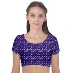 Hearts Butterflies Blue Velvet Short Sleeve Crop Top  by snowwhitegirl