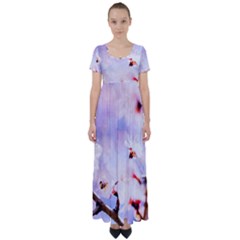 Pink Sakura Purple Background High Waist Short Sleeve Maxi Dress by FunnyCow