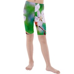 Sakura Flowers On Green Kids  Mid Length Swim Shorts by FunnyCow