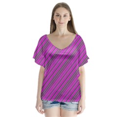 Pink Violet Diagonal Lines V-neck Flutter Sleeve Top by snowwhitegirl