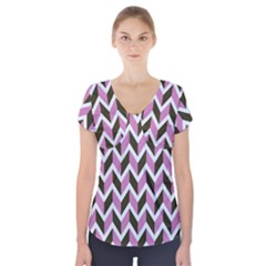 Zigzag Chevron Pattern Pink Brown Short Sleeve Front Detail Top by snowwhitegirl