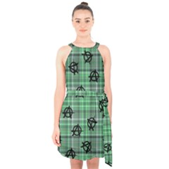 Green  Plaid Anarchy Halter Collar Waist Tie Chiffon Dress by snowwhitegirl