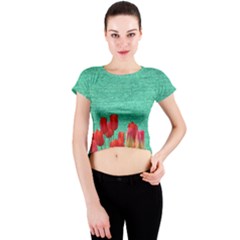 Green Denim Flowers Crew Neck Crop Top by snowwhitegirl