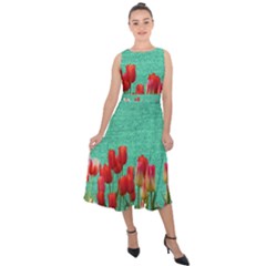 Green Denim Flowers Midi Tie-back Chiffon Dress by snowwhitegirl