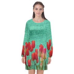 Green Denim Flowers Long Sleeve Chiffon Shift Dress  by snowwhitegirl