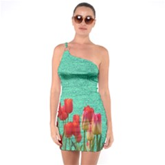 Green Denim Flowers One Soulder Bodycon Dress by snowwhitegirl