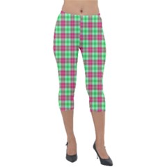 Pink Green Plaid Lightweight Velour Capri Leggings  by snowwhitegirl