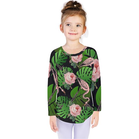 Flamingo Floral Black Kids  Long Sleeve Tee by snowwhitegirl