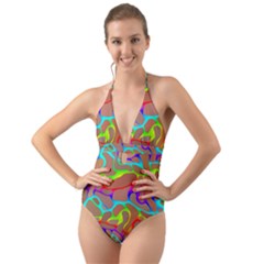 Colorful Wavy Shapes                                                Halter Cut-out One Piece Swimsuit by LalyLauraFLM