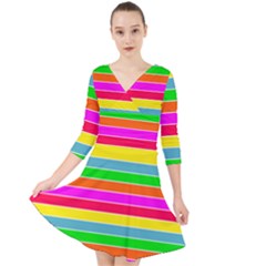 Neon Hawaiian Rainbow Horizontal Deck Chair Stripes Quarter Sleeve Front Wrap Dress by PodArtist