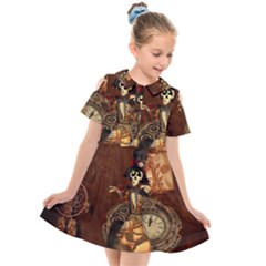 Funny Steampunk Skeleton, Clocks And Gears Kids  Short Sleeve Shirt Dress by FantasyWorld7