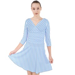 Oktoberfest Bavarian Blue And White Mattress Ticking Quarter Sleeve Front Wrap Dress by PodArtist