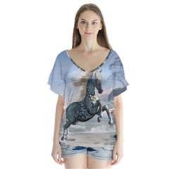 Wonderful Wild Fantasy Horse On The Beach V-neck Flutter Sleeve Top by FantasyWorld7