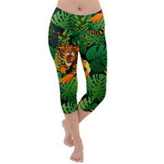 Tropical Pelican Tiger Jungle Black Lightweight Velour Capri Yoga Leggings by snowwhitegirl