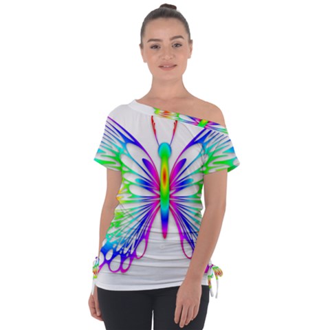 Rainbow Butterfly Off Shoulder Tie-up Tee by amazinganimals