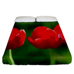 Three Red Tulips, Green Background Fitted Sheet (california King Size) by FunnyCow