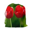 Three Red Tulips, Green Background Drawstring Pouch (XXL) View2