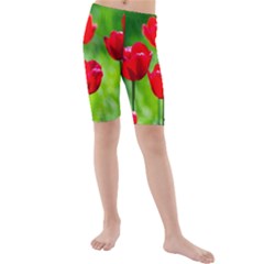 Red Tulip Flowers, Sunny Day Kids  Mid Length Swim Shorts by FunnyCow