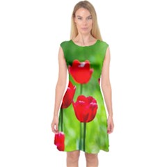 Red Tulip Flowers, Sunny Day Capsleeve Midi Dress by FunnyCow