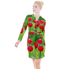 Red Tulip Flowers, Sunny Day Button Long Sleeve Dress by FunnyCow