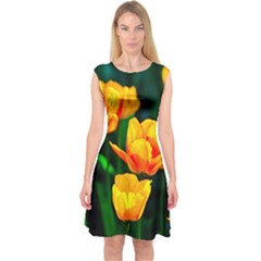 Yellow Orange Tulip Flowers Capsleeve Midi Dress by FunnyCow