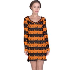 Dark Pumpkin Orange And Black Halloween Nightmare Stripes  Long Sleeve Nightdress by PodArtist