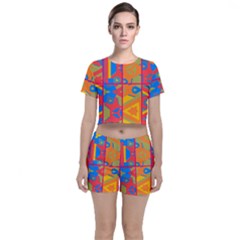 Colorful Shapes In Tiles                                             Crop Top And Shorts Co-ord Set by LalyLauraFLM