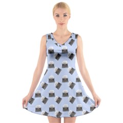 Retro Typewriter Blue Pattern V-neck Sleeveless Dress by snowwhitegirl