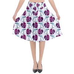 Flamingo Leaf Patttern Blue Flared Midi Skirt by snowwhitegirl