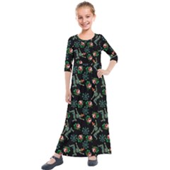 Vintage Jester Floral Pattern Kids  Quarter Sleeve Maxi Dress by snowwhitegirl