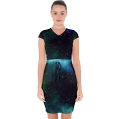 Galaxy Sky Blue Green Capsleeve Drawstring Dress  by snowwhitegirl