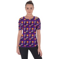 Halloween Skeleton Pumpkin Pattern Purple Shoulder Cut Out Short Sleeve Top by snowwhitegirl