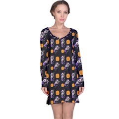 Halloween Skeleton Pumpkin Pattern Black Long Sleeve Nightdress by snowwhitegirl