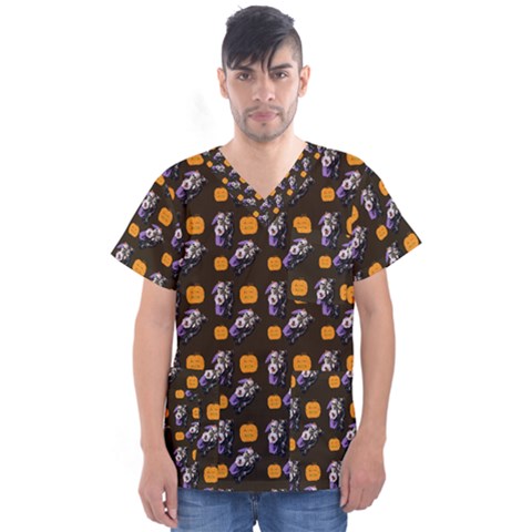 Halloween Skeleton Pumpkin Pattern Brown Men s V-neck Scrub Top by snowwhitegirl