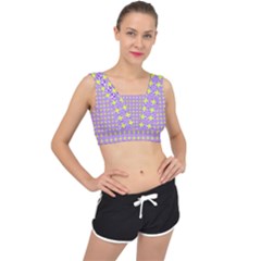 Pastel Mod Purple Yellow Circles V-back Sports Bra by BrightVibesDesign