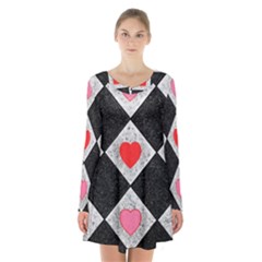 Diamonds Hearts Mosaic Pattern Long Sleeve Velvet V-neck Dress by Simbadda