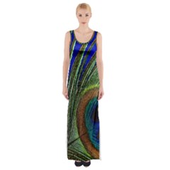 Peacock Feather Macro Peacock Bird Maxi Thigh Split Dress by Simbadda