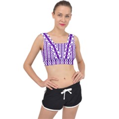 Circles Lines Purple White Modern Design V-back Sports Bra by BrightVibesDesign