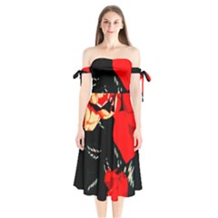 Bright Red Roses By Flipstylez Designs Shoulder Tie Bardot Midi Dress by flipstylezfashionsLLC