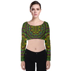 Butterfly Flower Jungle And Full Of Leaves Everywhere Velvet Long Sleeve Crop Top by pepitasart