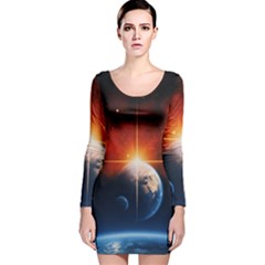 Earth Globe Planet Space Universe Long Sleeve Velvet Bodycon Dress by Celenk