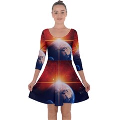 Earth Globe Planet Space Universe Quarter Sleeve Skater Dress by Celenk