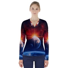 Earth Globe Planet Space Universe V-neck Long Sleeve Top by Celenk